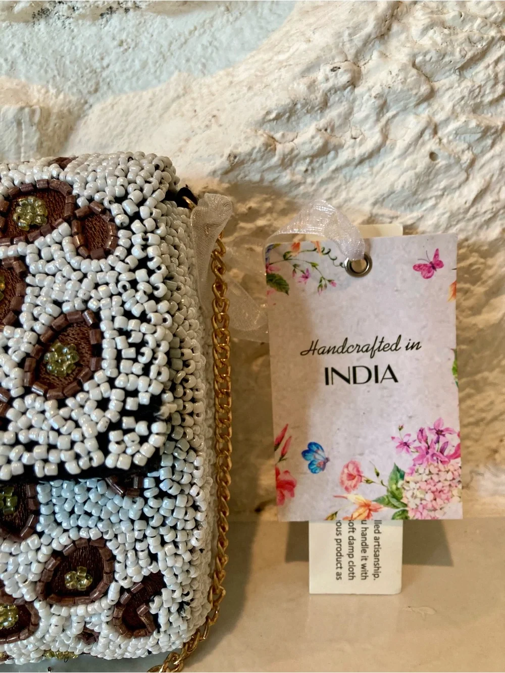 NWT “Handcrafted in India” flap front glass beaded leopard print pattern clutch